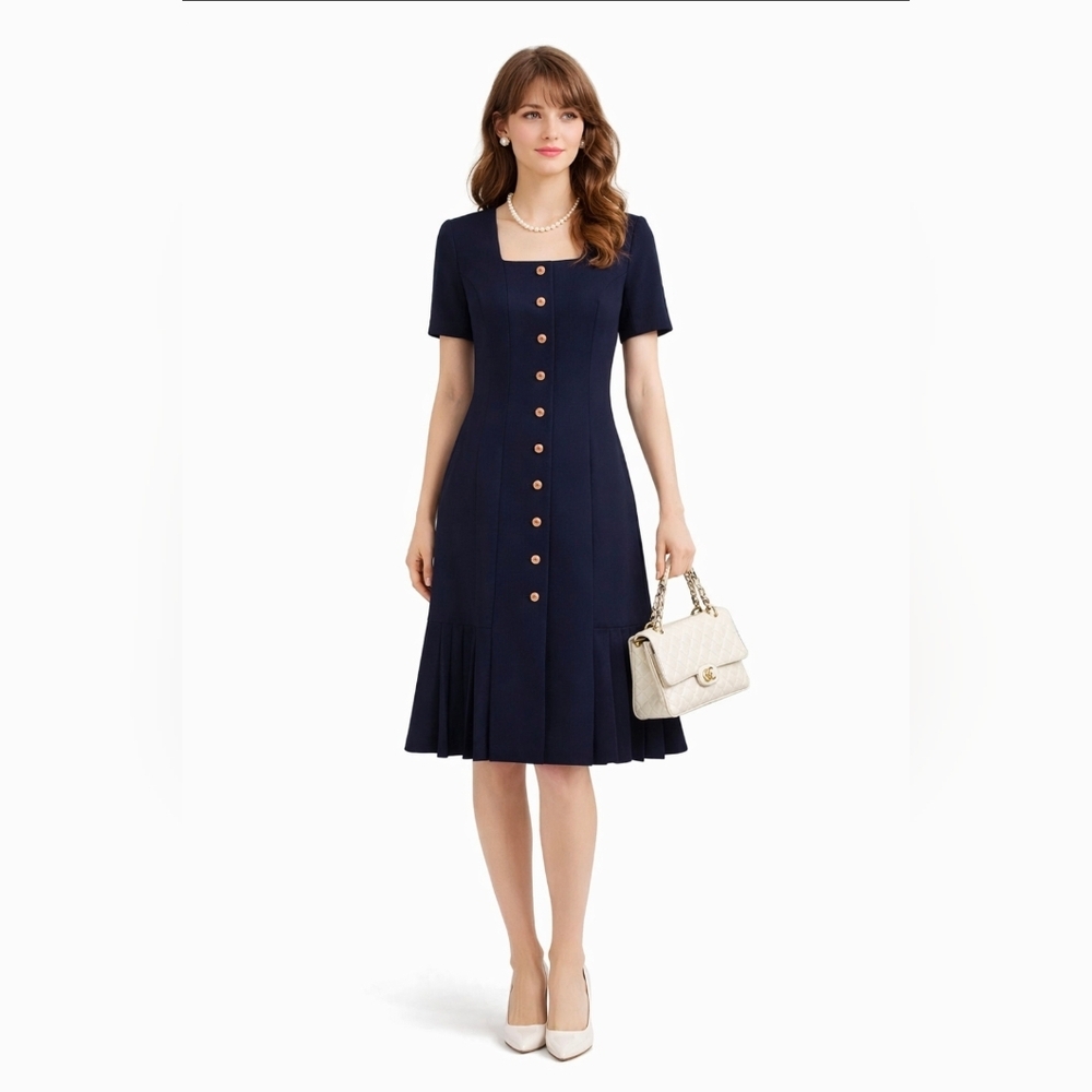 LIZ CLAIBORNE Petite Dresd Vintage 70s Drop Waist Navy Blue Pleat Heam Size 2